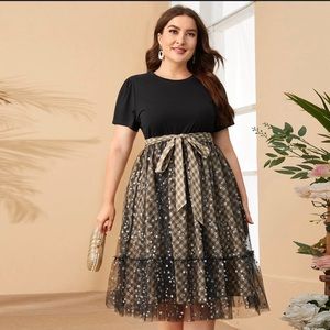 SHEIN plus self belted star mesh overlay plaid dress